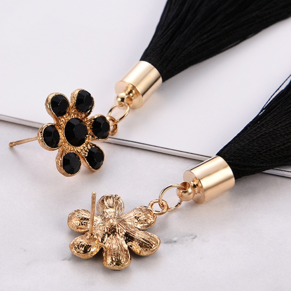 SABRINA | Floral Tassel Fringe Drop Earrings - Picture 3 of 5